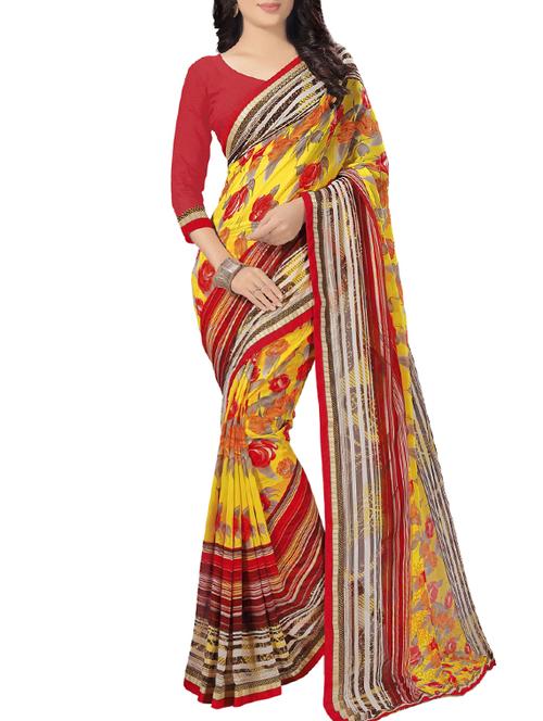 yellow georgette printed saree with blouse - 14146045 - Very Small Image - 1