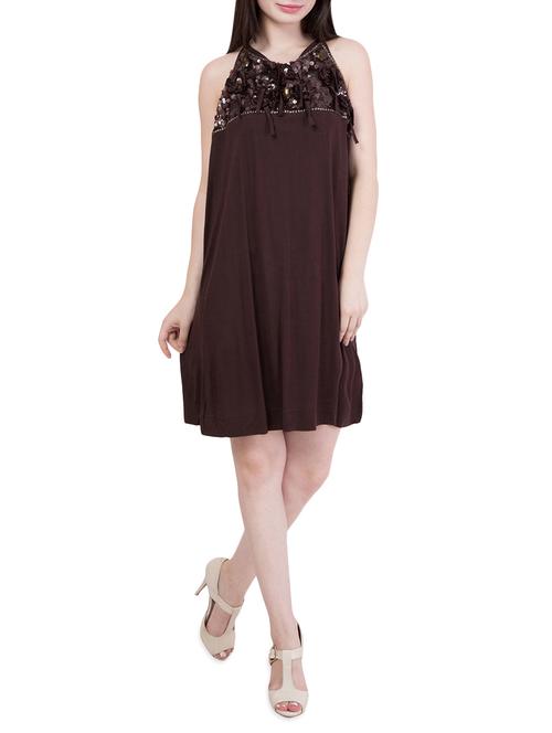 solid brown viscose dress - 14147249 - Very Small Image - 1