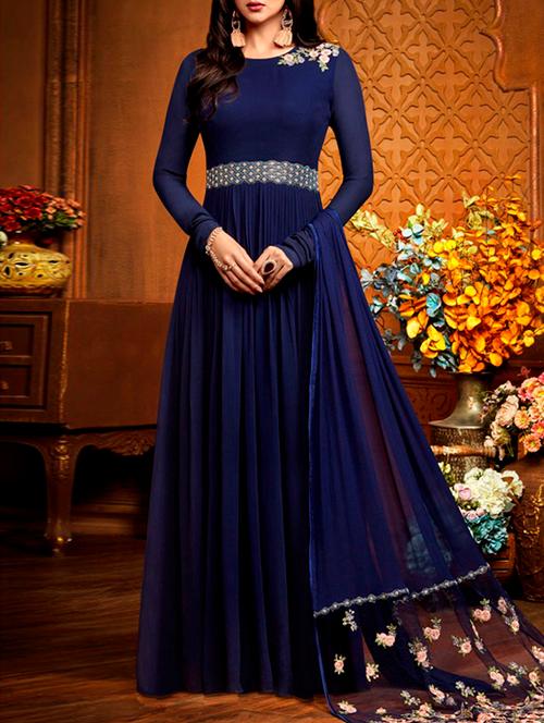 blue georgette flared semi-stitched suit - 14148210 - Very Small Image - 1