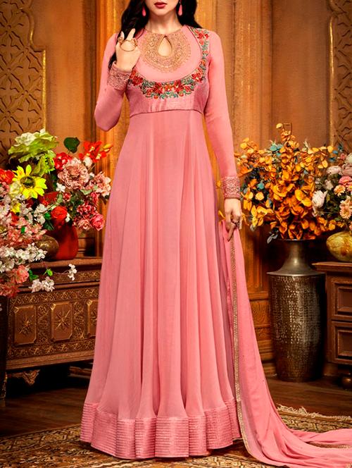 embroidered flared semi-stitched suit - 14148215 - Very Small Image - 1