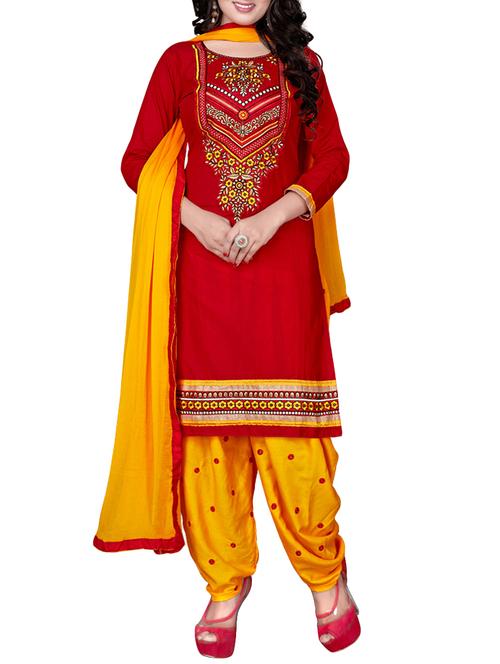 red unstitched patiyala suits dress material - 14151941 - Very Small Image - 1