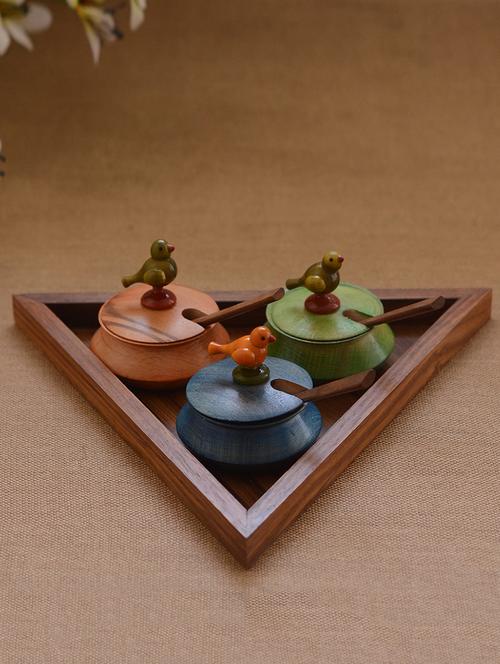 wooden triangular jar set with base tray and spoon - 14154999 - Very Small Image - 1