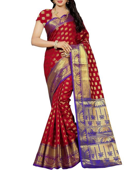 red zari jacquard cotton silk saree with blouse - 14155381 - Very Small Image - 1