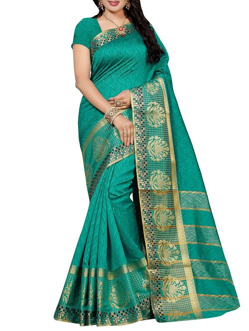 green cotton silk woven saree with blouse - 14155396 - Very Small Image - 1