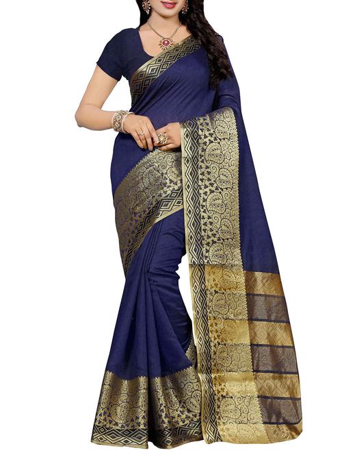 blue cotton silk bordered saree with blouse - 14155404 - Very Small Image - 1