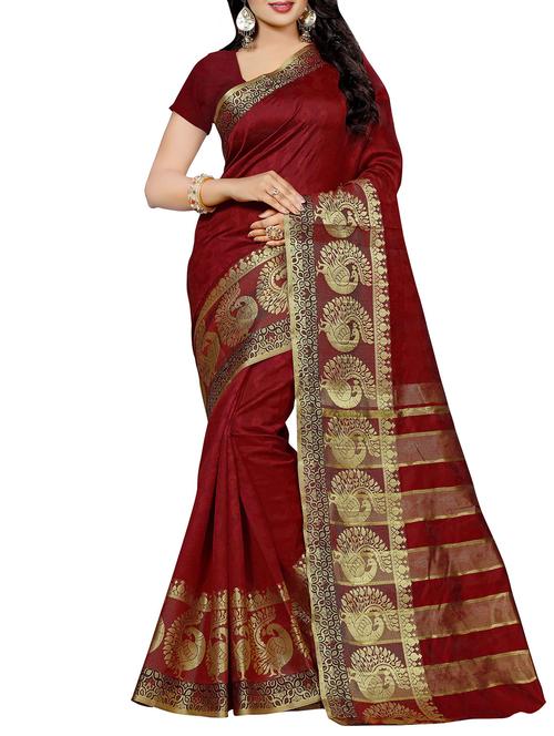 maroon cotton silk woven saree with blouse - 14155434 - Very Small Image - 1