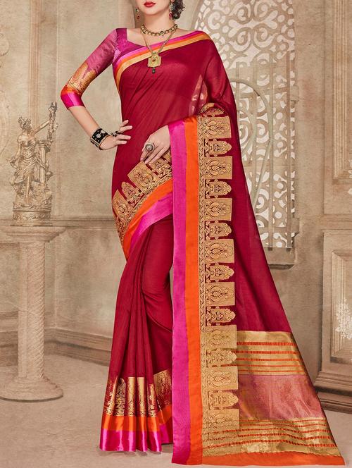 red cotton silk saree with blouse - 14155764 - Very Small Image - 1