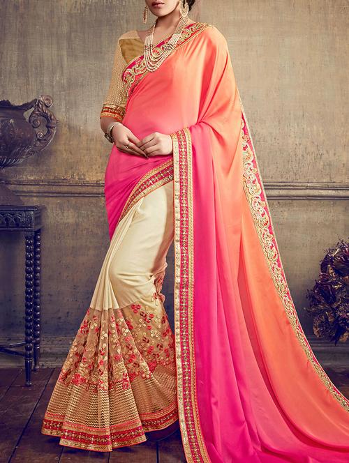 cream half and half saree with blouse - 14161986 - Very Small Image - 1