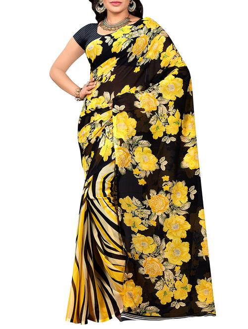 yellow georgette printed saree with blouse - 14166590 - Very Small Image - 1