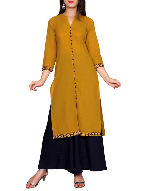 mustard cotton straight kurta - 14167099 - Very Small Image - 1