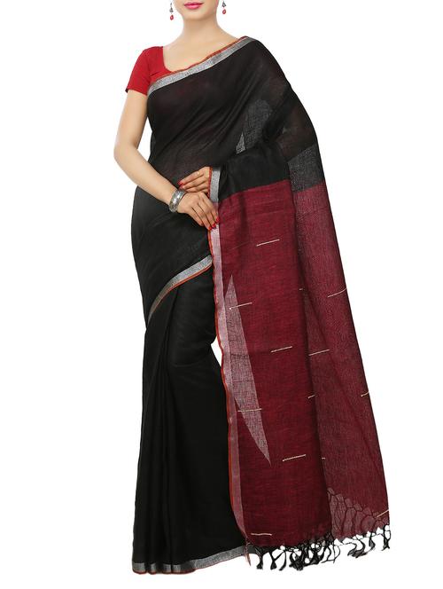 black linen handloom saree with blouse - 14168720 - Very Small Image - 1