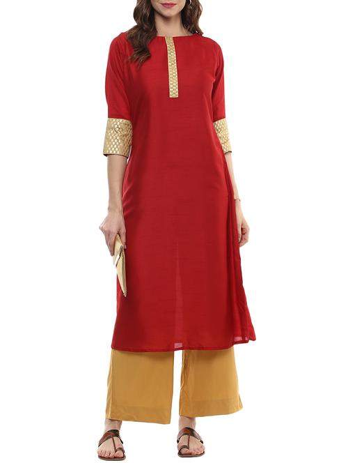 red poly silk a-line kurta - 14170271 - Very Small Image - 1