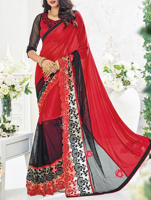 red & black embroidered saree with blouse - 14172072 - Very Small Image - 1