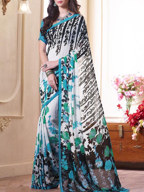 white georgette printed saree with blouse - 14172679 - Very Small Image - 1