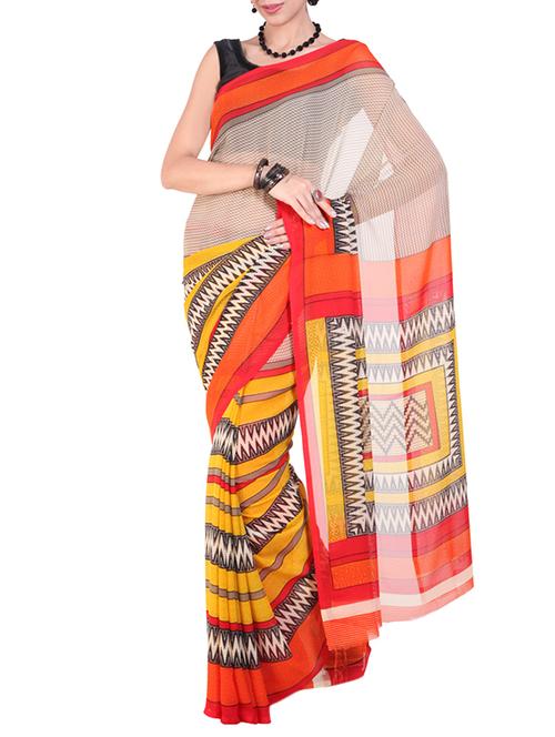 orange colored chiffon printed saree with blouse - 14172914 - Very Small Image - 1