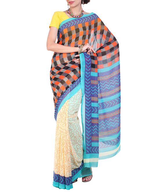 white chiffon printed saree with blouse - 14172918 - Very Small Image - 1