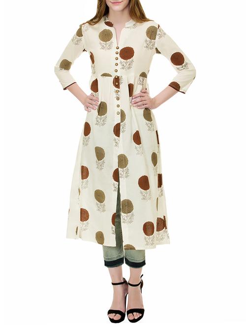 cream cotton high slit kurta - 14174033 - Very Small Image - 1