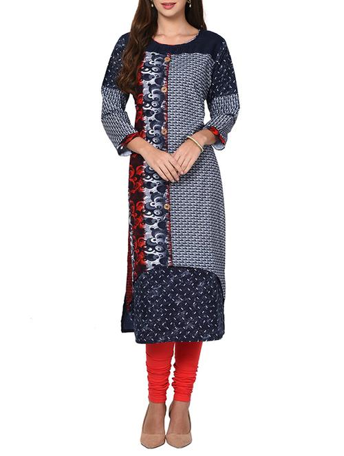 Printed denim straight kurta - 14174401 - Very Small Image - 1