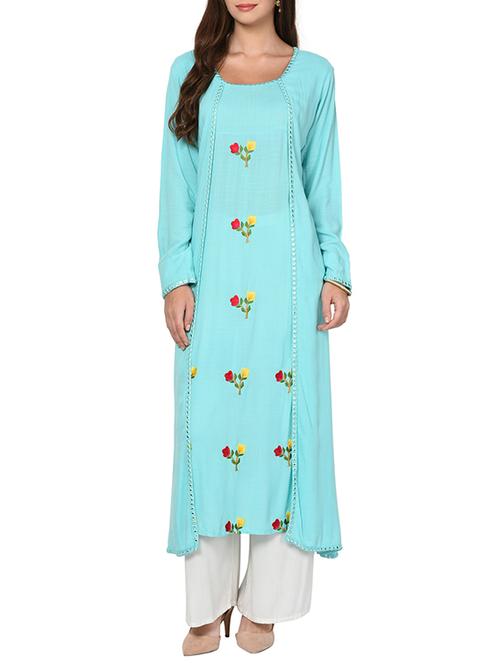 sky blue rayon flared kurta - 14174445 - Very Small Image - 1
