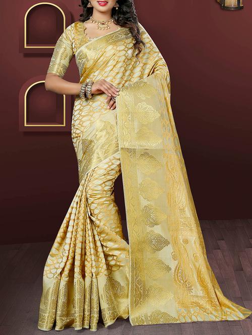 gold silk banarasi saree with blouse - 14174474 - Very Small Image - 1