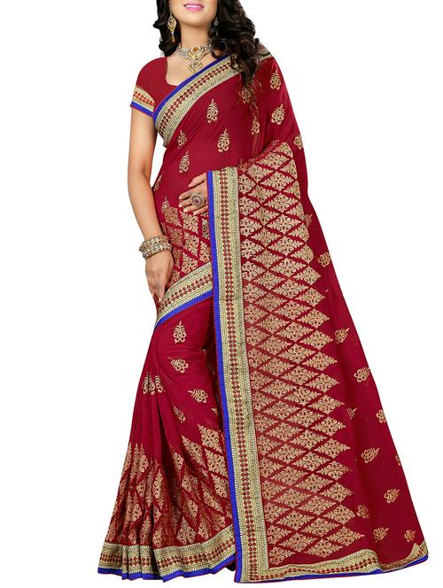 red georgette embroidered saree with blouse - 14174523 - Very Small Image - 1