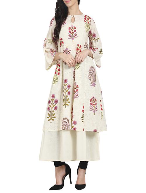cream cotton flared kurta - 14180156 - Very Small Image - 1