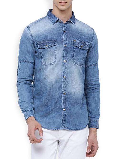 navy blue denim casual shirt - 14189264 - Very Small Image - 1