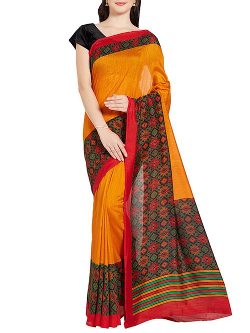mustard art silk printed saree with blouse - 14190713 - Very Small Image - 1