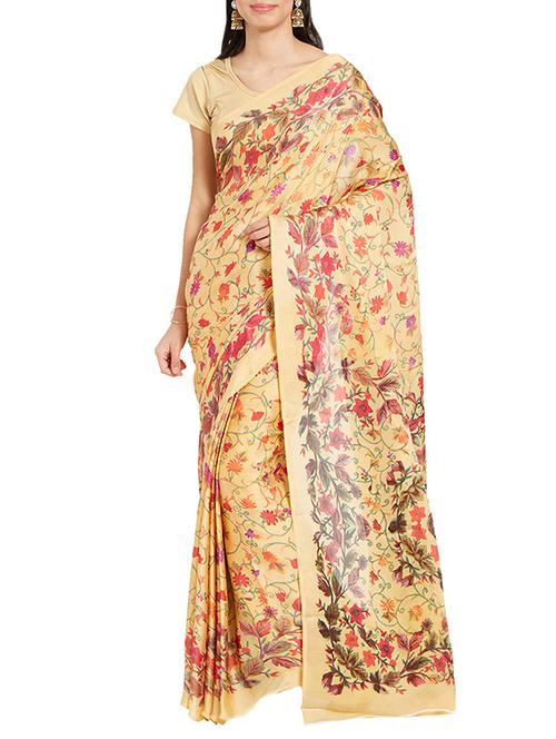 yellow printed saree with blouse - 14190869 - Very Small Image - 1