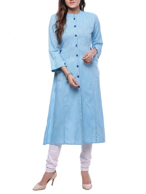 sky blue cotton aline kurta - 14194160 - Very Small Image - 1