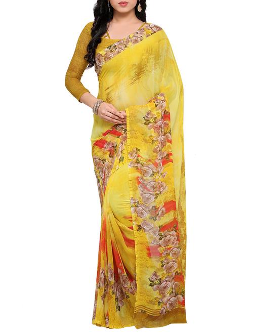floral printed yellow saree with blouse - 14195966 - Very Small Image - 1