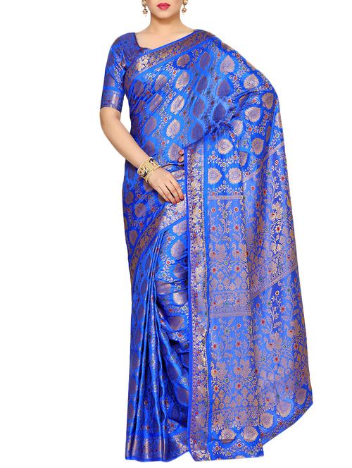 women's self design royal blue colored saree with blouse - 14198614 - Very Small Image - 1