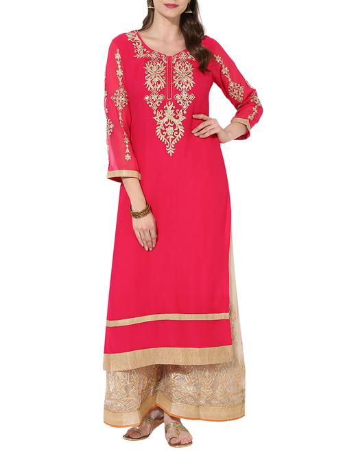 magenta embroidered  georgette straight kurta - 14204404 - Very Small Image - 1