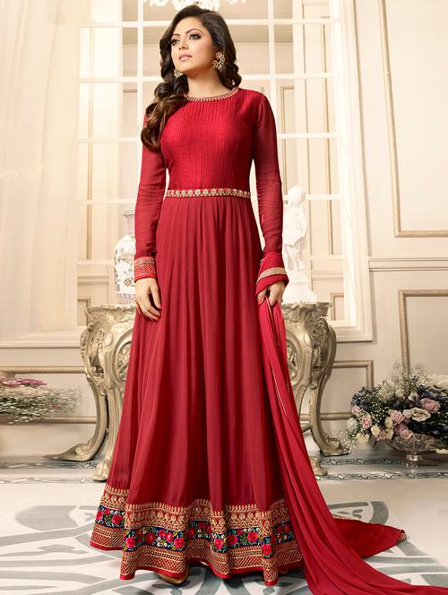 red unstitched anarkali dress material - 14205128 - Very Small Image - 1