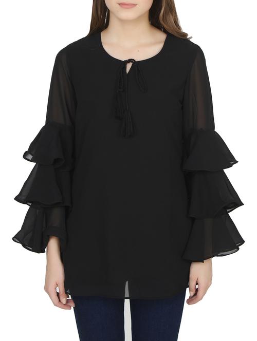 black poly georgette ruffle top - 14205602 - Very Small Image - 1