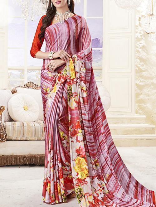 red printed georgette saree with blouse - 14207867 - Very Small Image - 1