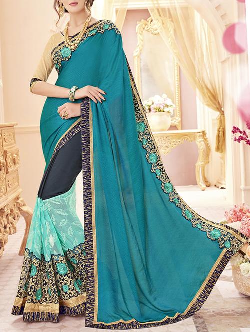 blue embroidered half and half saree with blouse - 14207889 - Very Small Image - 1
