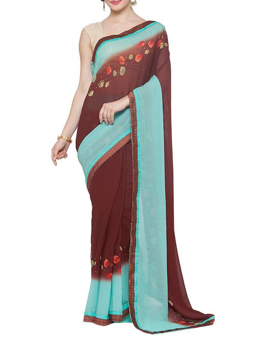 brown poly georgette printed saree with blouse - 14208670 - Very Small Image - 1