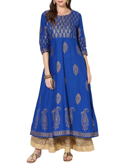 blue cotton flared kurta - 14209637 - Very Small Image - 1