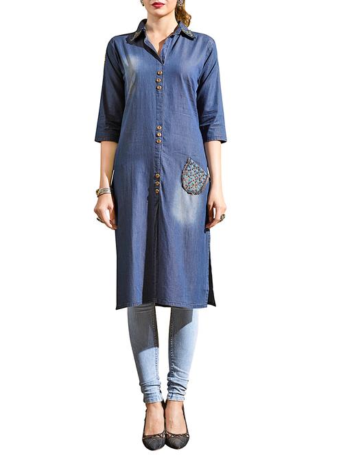 blue denim straight kurta - 14211983 - Very Small Image - 1