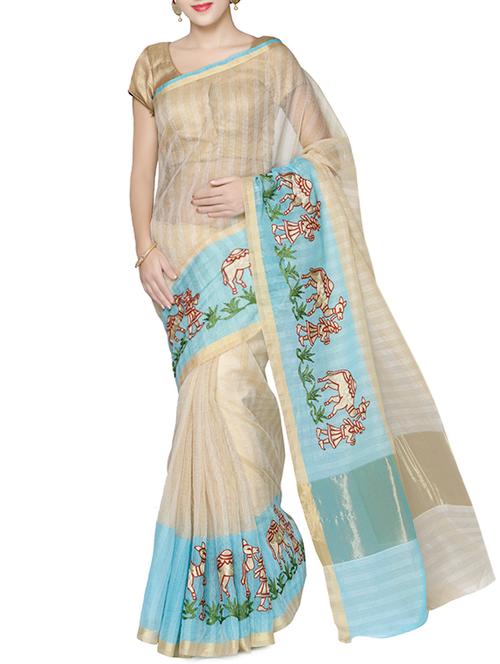 beige cotton blend embroidered saree with blouse - 14214656 - Very Small Image - 1