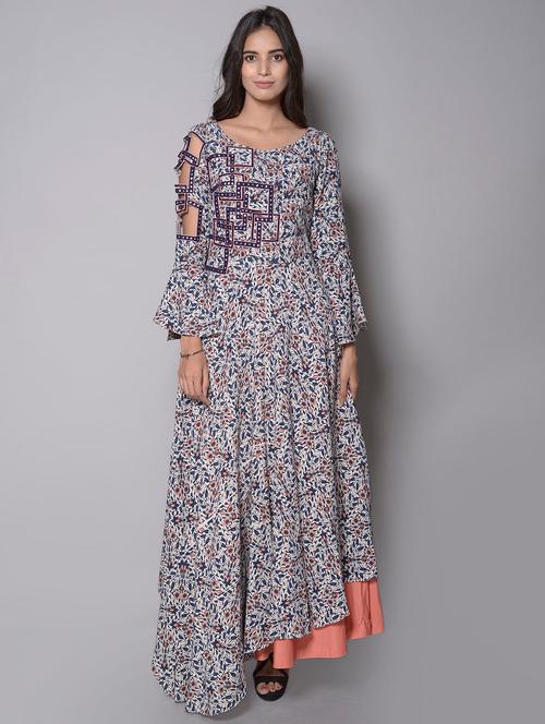 aas printed gown with cut work on sleeves & plain gajri inner - 14216284 - Very Small Image - 1