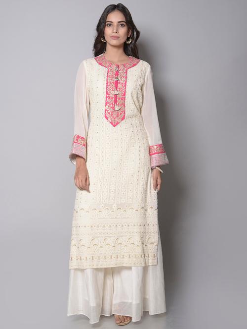white georgette straight embroidered kurta - 14216291 - Very Small Image - 1