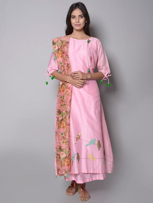 aas chanderi silk layered kurta & dupatta set with hand embroidery - 14216303 - Very Small Image - 1