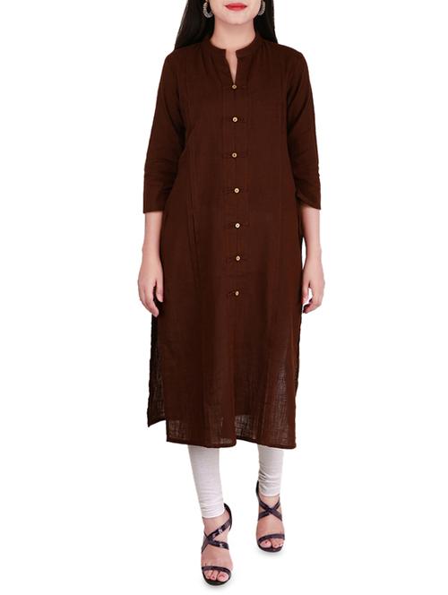 brown cotton straight solid kurta - 14222590 - Very Small Image - 1