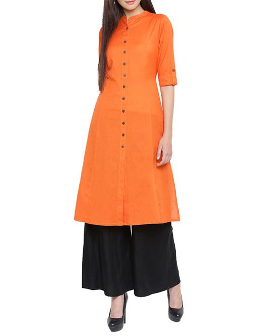 orange cotton straight kurta with pockets - 14222855 - Very Small Image - 1