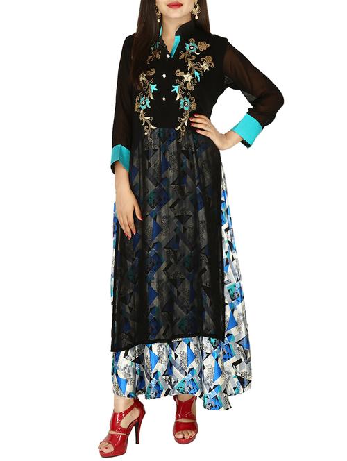 blue georgette straight kurta - 14223008 - Very Small Image - 1