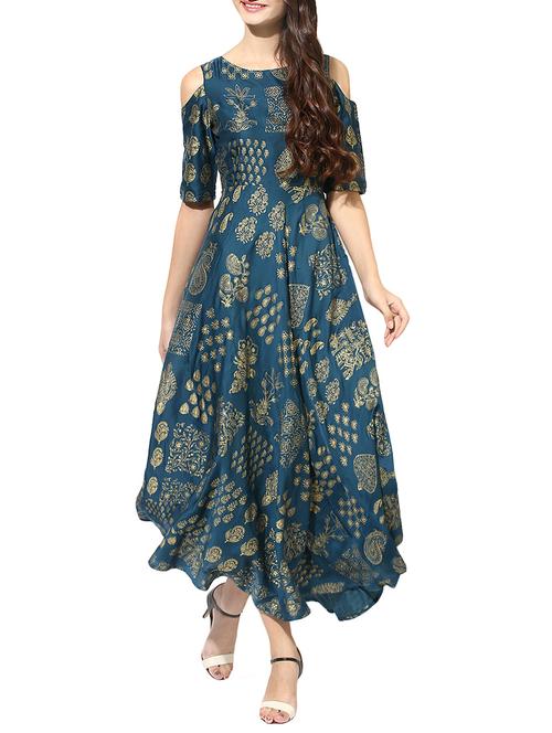 Gold foil print cold sleeves flared kurta - 14223724 - Very Small Image - 1