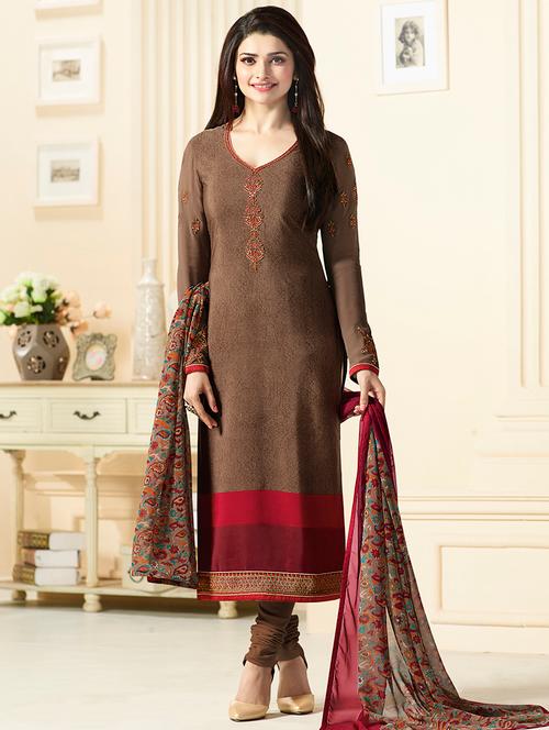 brown semi stitched churidaar suit - 14223801 - Very Small Image - 1