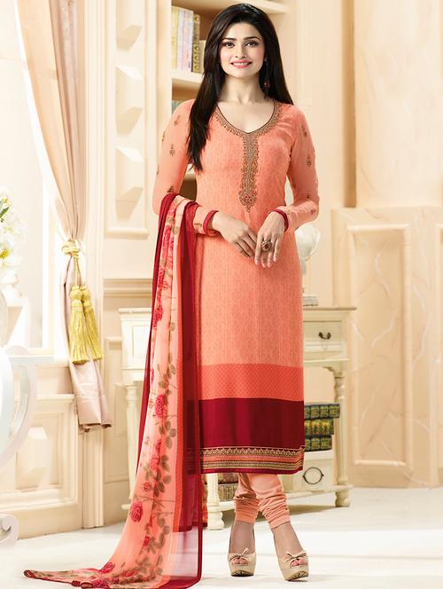 peach semi stitched churidaar suit dress material - 14223810 - Very Small Image - 1